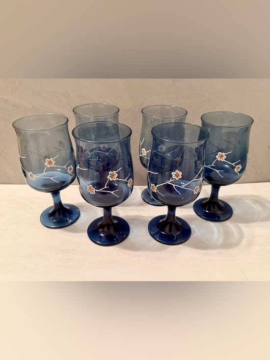 Libbey Other - Vintage Libbey Smokey Blue Dogwood Floral Wine Glasses Set of Six Excellent